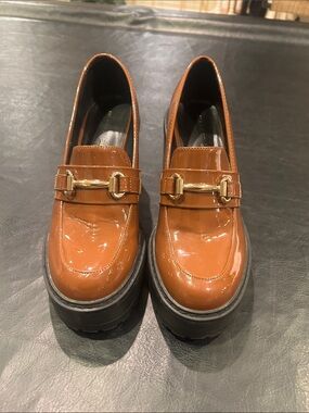 Cognac Madden Girl Platform Chunky Heeled Penny Loafers w/ Gold Hardware